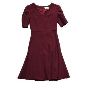 Charlotte Brody A-Line Dress Womens 0 Maroon Burgundy Wool Short Sleeve V-Neck